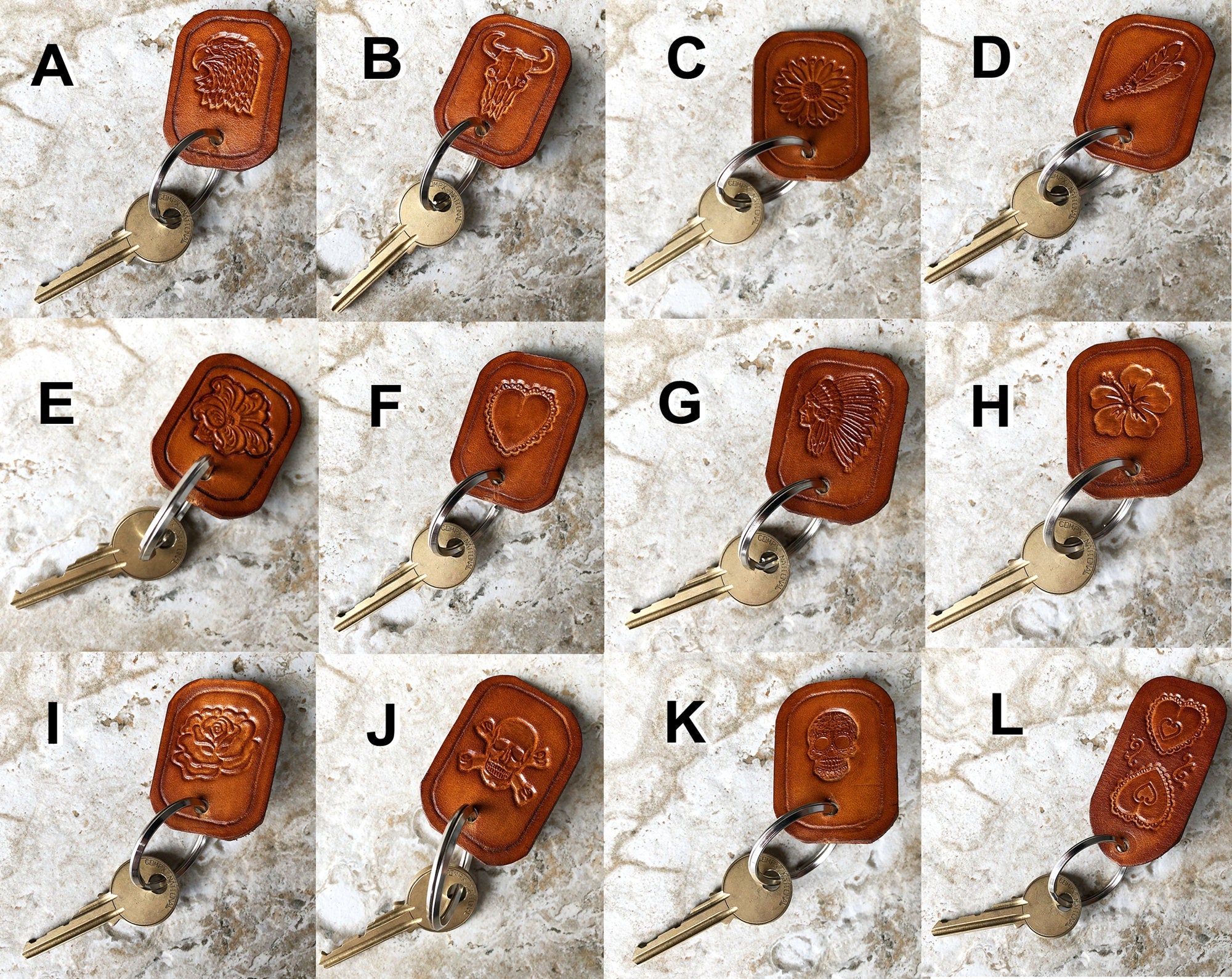 Limited Handmade Series Key Chains Real Thick Leather Keyfob Keyring Keyholder Tooled Embossed Engraved Nice Small Inexpensive Gift Idea